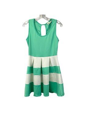Brendas Womens Skater Dress Mint/White Stripe Pleated Sleeveless Medium